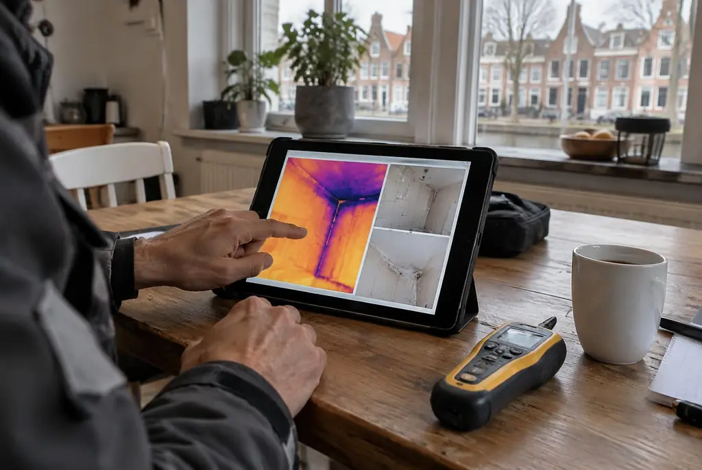 Lekdetectie Heusden – lekdetectierapport met warmtebeelden en foto's op een tablet