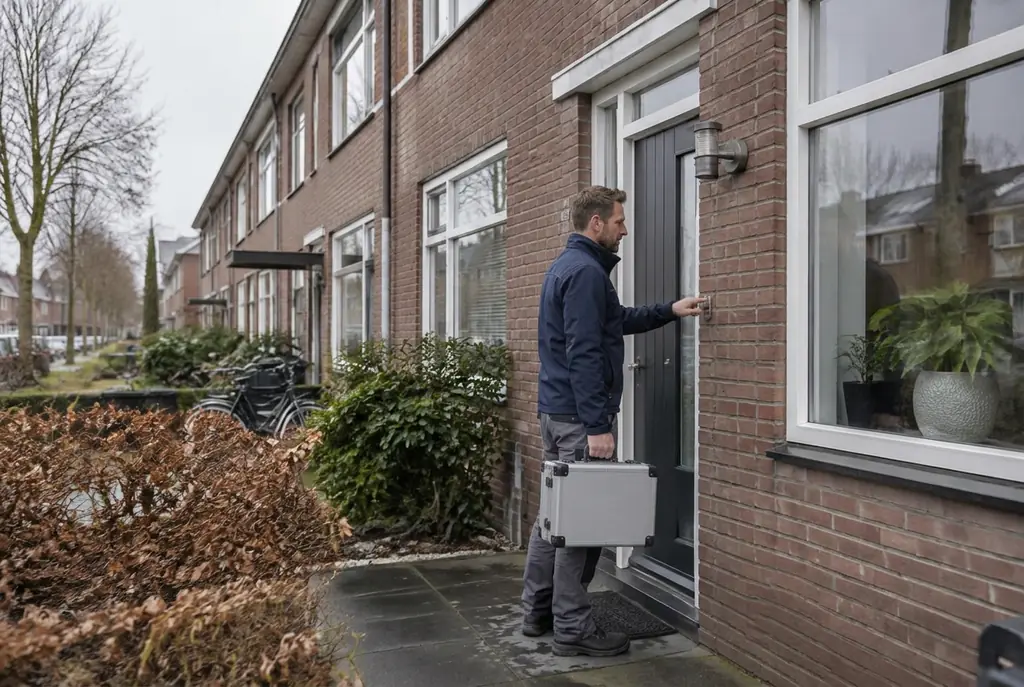 Lekdetectiespecialist met meetkoffer bij de voordeur van een woning in Heusden